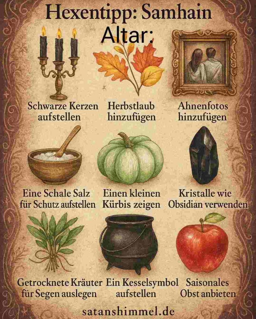 Ein Samhain-Altar wird oft mit Kerzen, Ahnenfotos und herbstlichen Symbolen wie Kürbissen oder Herbstlaub gestaltet, um die Verbindung zu den Verstorbenen zu ehren.
