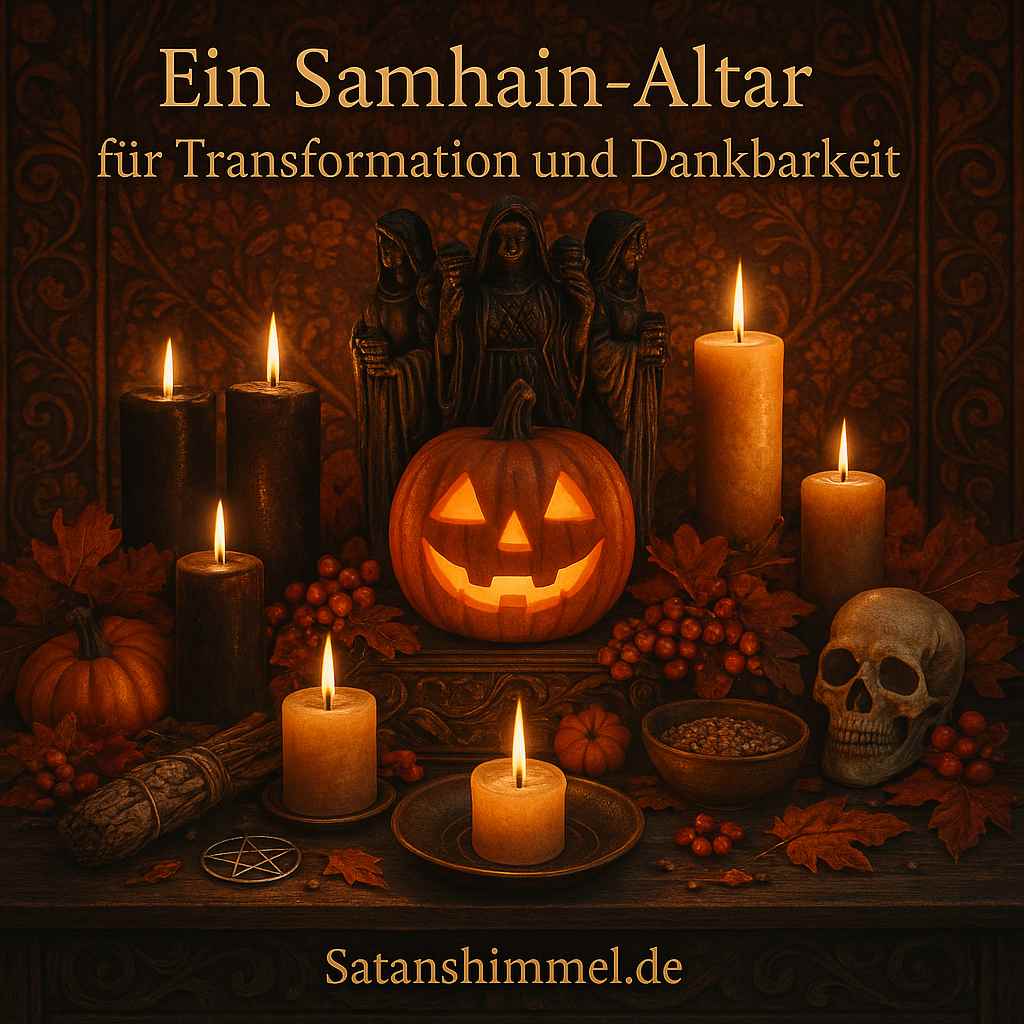 Ein Samhain-Altar dient als heiliger Ort, um die Ahnen zu ehren, Dankbarkeit zu zeigen und die transformative Energie des Jahresübergangs bewusst zu gestalten.