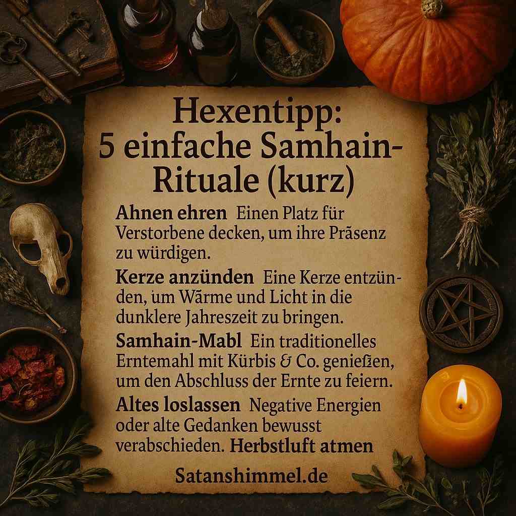 Typische Samhain-Rituale drehen sich um Ahnenverehrung, Schutz, Loslassen und den Übergang in die dunklere Jahreszeit.