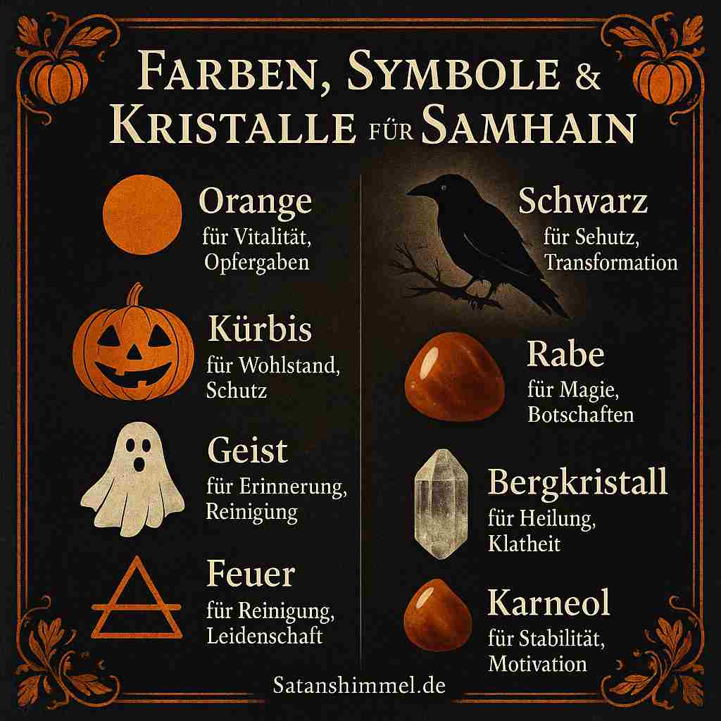 Samhain-Symbole wie Kürbisse, Kerzen, Schädel und Herbstblätter stehen für Vergänglichkeit, Schutz, Erneuerung und die Verbindung zwischen den Welten.
