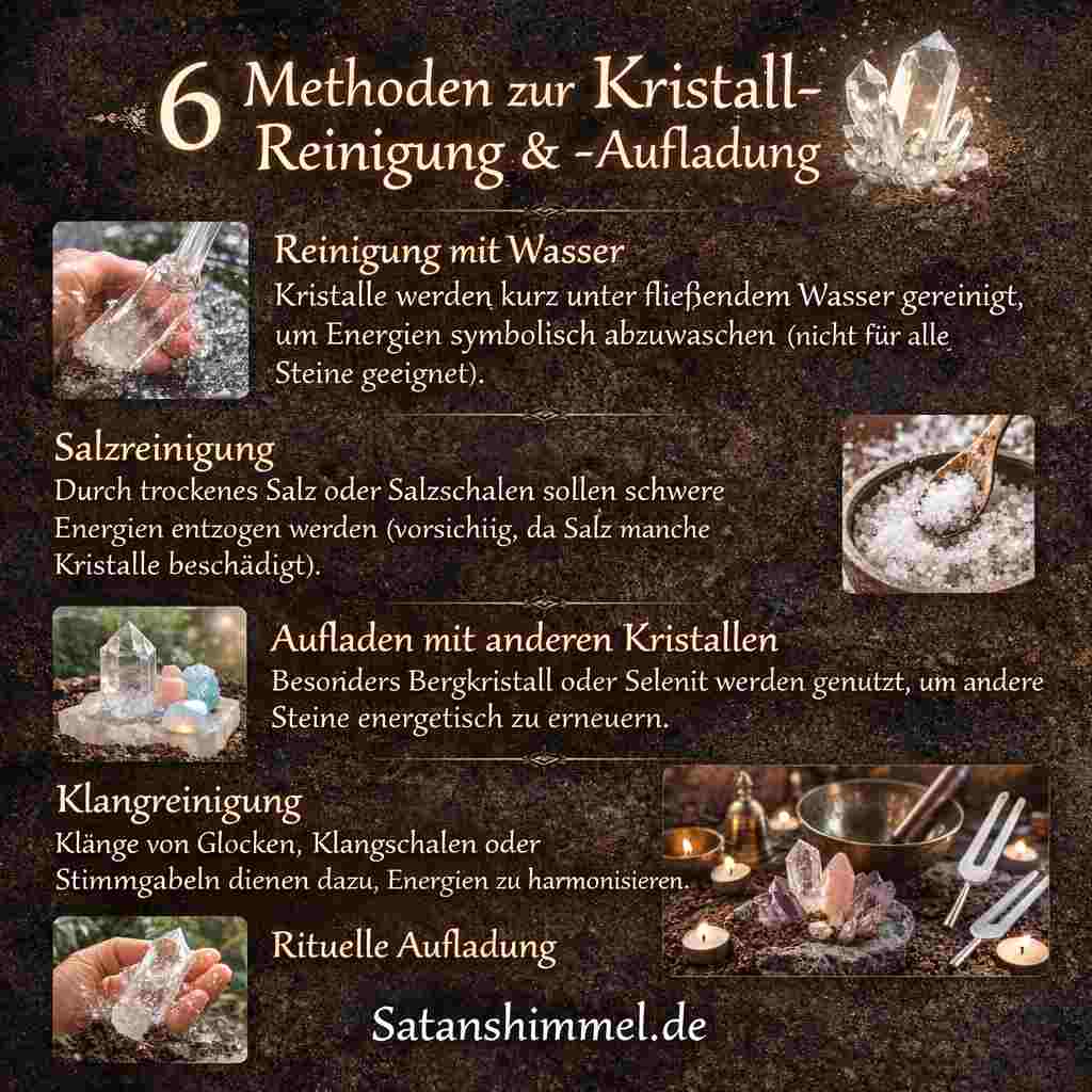 Zusätzlich können Kristalle in der Hexenmagie auch durch Wasser, Salz, Klang, andere Kristalle, bewusste Intention oder rituelle Handlungen gereinigt und aufgeladen werden.