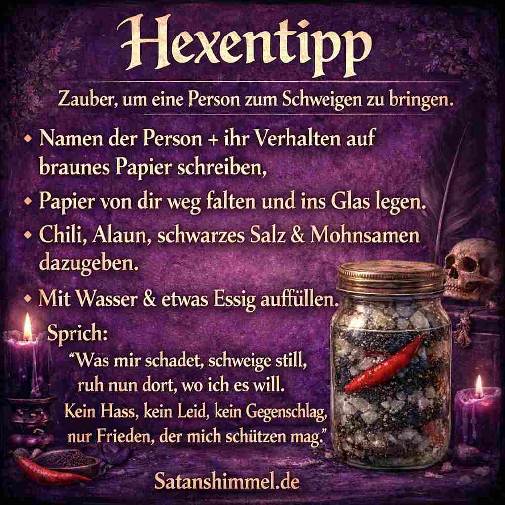 Ein Schweige- und Schutzzauber bringt schädliches Gerede und störendes Verhalten zur Ruhe und bewahrt Frieden sowie innere Klarheit.