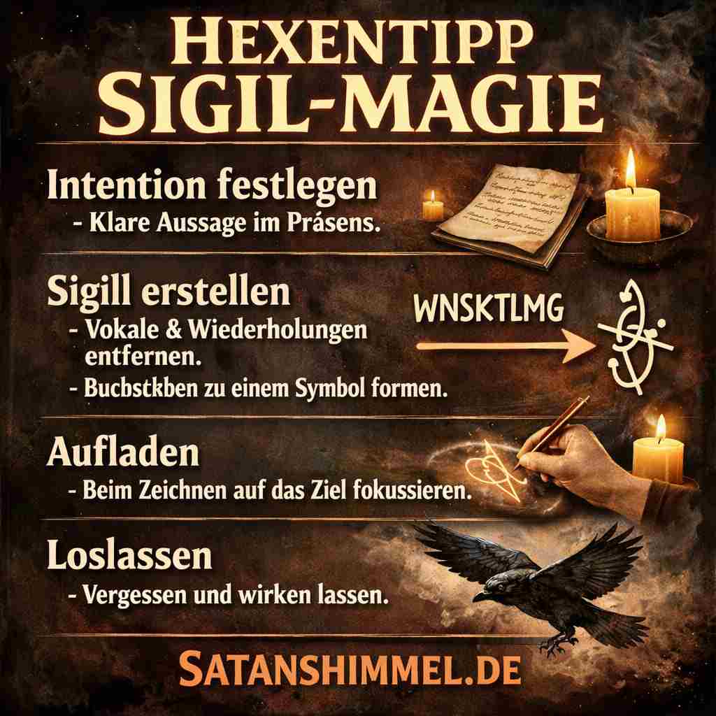 Lade dein Sigill auf, indem du dich intensiv auf deine Absicht konzentrierst und dabei durch Atem, Bewegung oder Visualisierung Energie in das Zeichen fließen lässt.