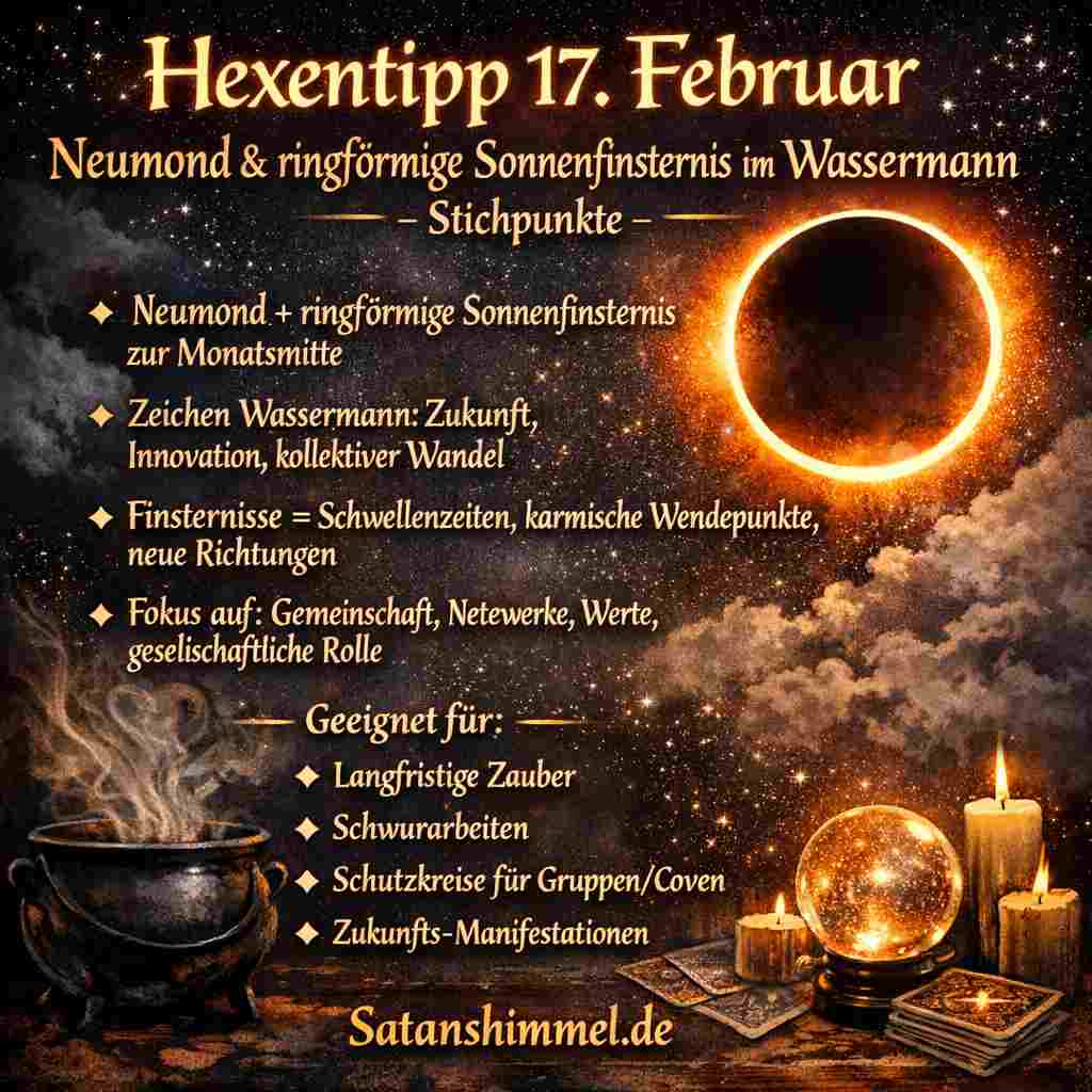 Der Neumond mit ringförmiger Sonnenfinsternis im Wassermann öffnet ein kraftvolles Zukunftsportal, das kollektive Neuausrichtung, soziale Verantwortung und langfristige magische Projekte begünstigt.