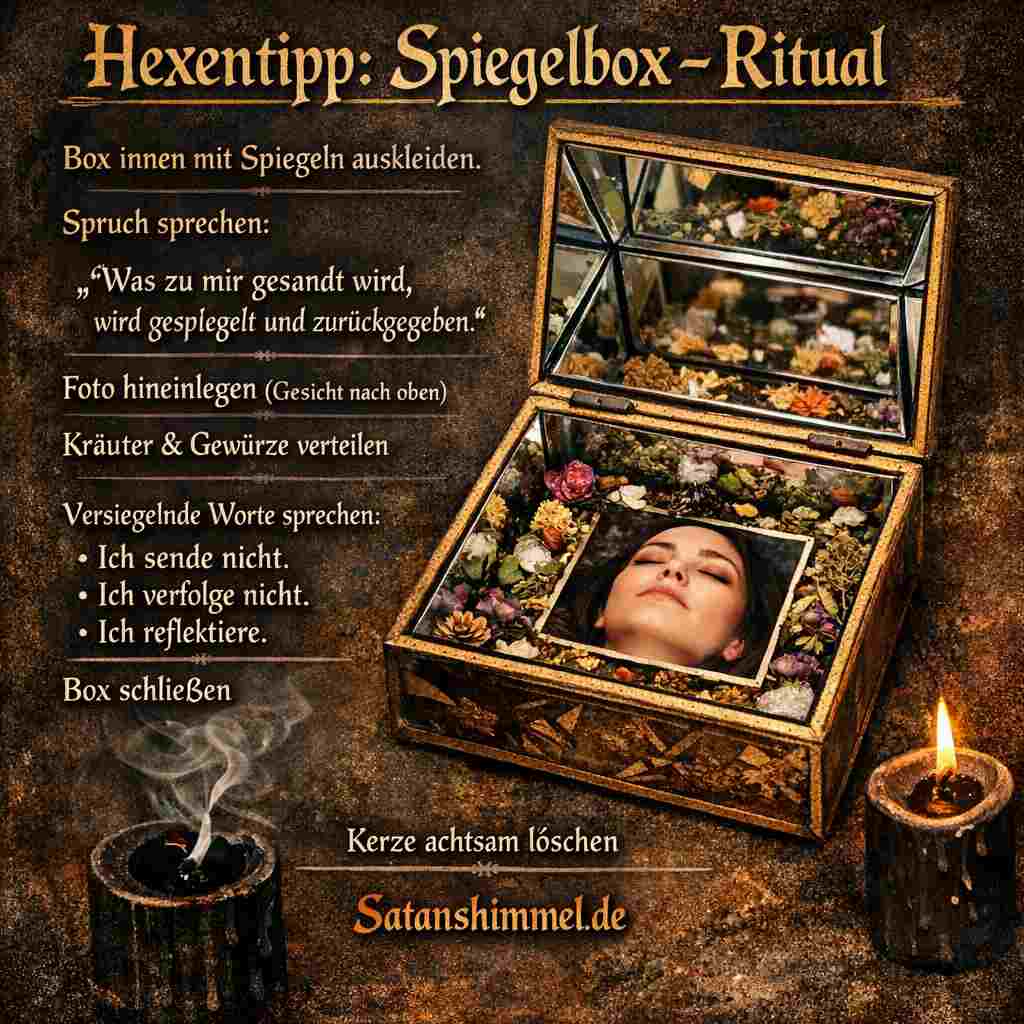 Beim Spiegelbox-Ritual kleidest du die Box mit Spiegeln aus, legst das Foto und die Schutzkräuter hinein, sprichst deine Worte der Reflexion und versiegelst alles mit klarer Absicht.
