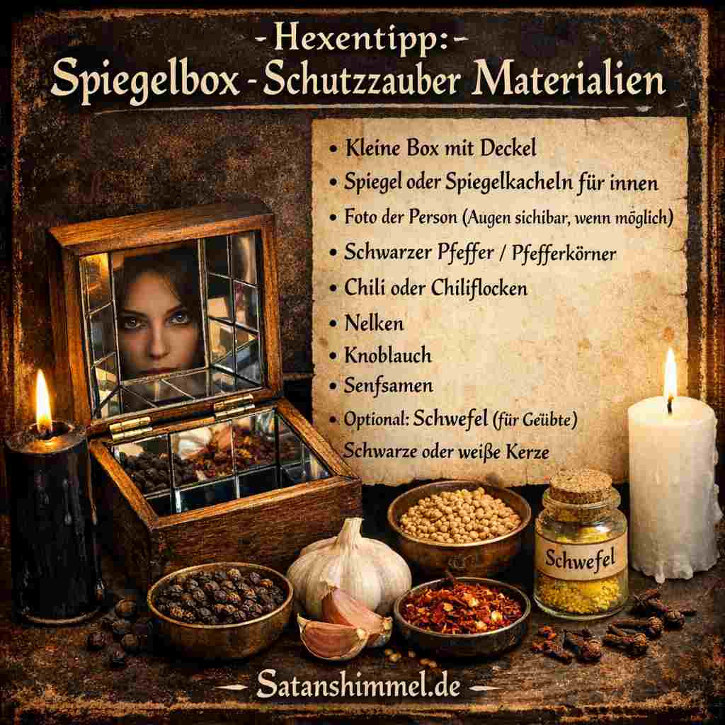 Für die Spiegelbox benötigst du eine kleine verschließbare Box, innenliegende Spiegel, ein Foto der betreffenden Person, schützende Kräuter und Gewürze sowie eine schwarze oder weiße Kerze.