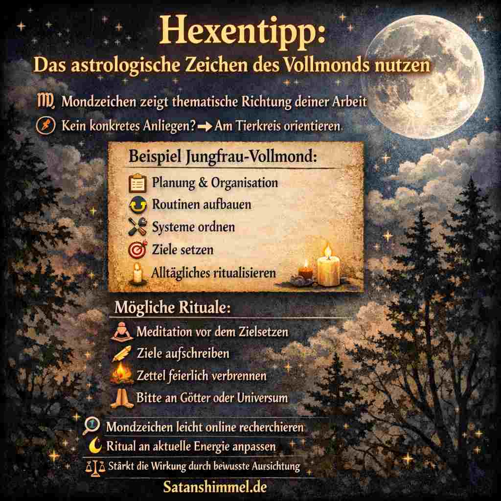 Das astrologische Zeichen, in dem der Vollmond steht, zeigt, welche Lebensthemen gerade besonders im Fokus stehen und energetisch unterstützt werden.