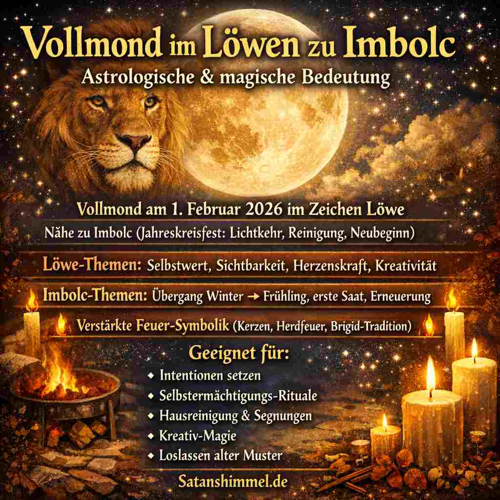 Der Vollmond im Löwen zu Imbolc verbindet Herzenskraft und Selbstausdruck mit dem Fest des Neubeginns und macht diese Zeit ideal für Reinigungsrituale, mutige Intentionen und kreative Neuausrichtung.
