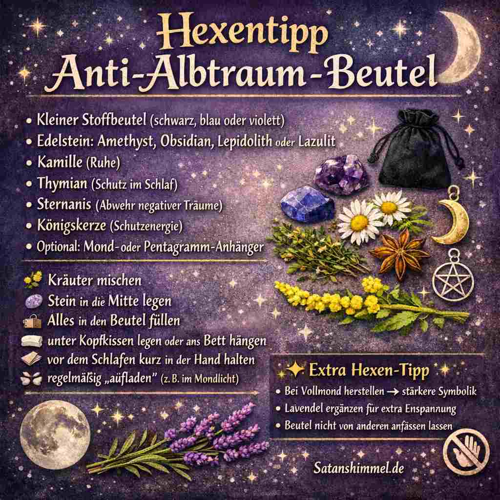 In der Hexerei ist ein Anti-Albtraum-Mojo-Beutel ein kleiner, persönlich geweihter Kräuter- und Edelsteinbeutel, der Schutz schenkt, beruhigende Energie trägt und friedliche Träume bewahrt.