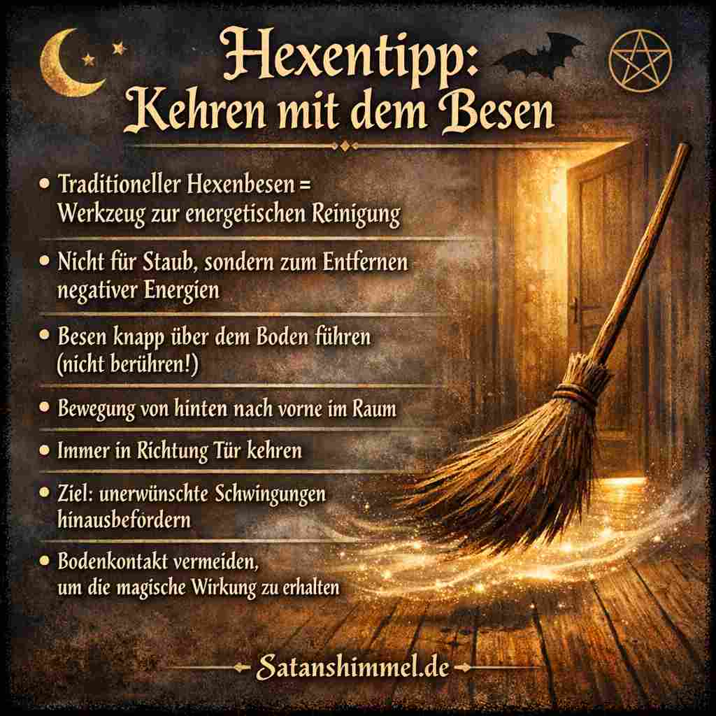 In der Hexerei gilt der Besen als Ritualwerkzeug, mit dem Energien gelenkt, Räume gereinigt und magische Grenzen symbolisch gezogen werden.