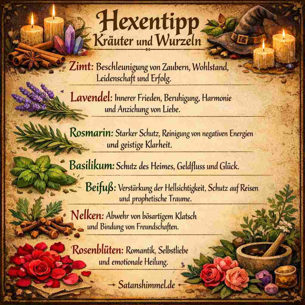 Zimt, Lavendel, Rosmarin, Basilikum, Beifuß, Nelken und Rosenblüten eignen sich besonders gut für Mojo-Beutel, weil sie gemeinsam Schutz, Liebe, Wohlstand, Klarheit und spirituelle Kraft unterstützen.