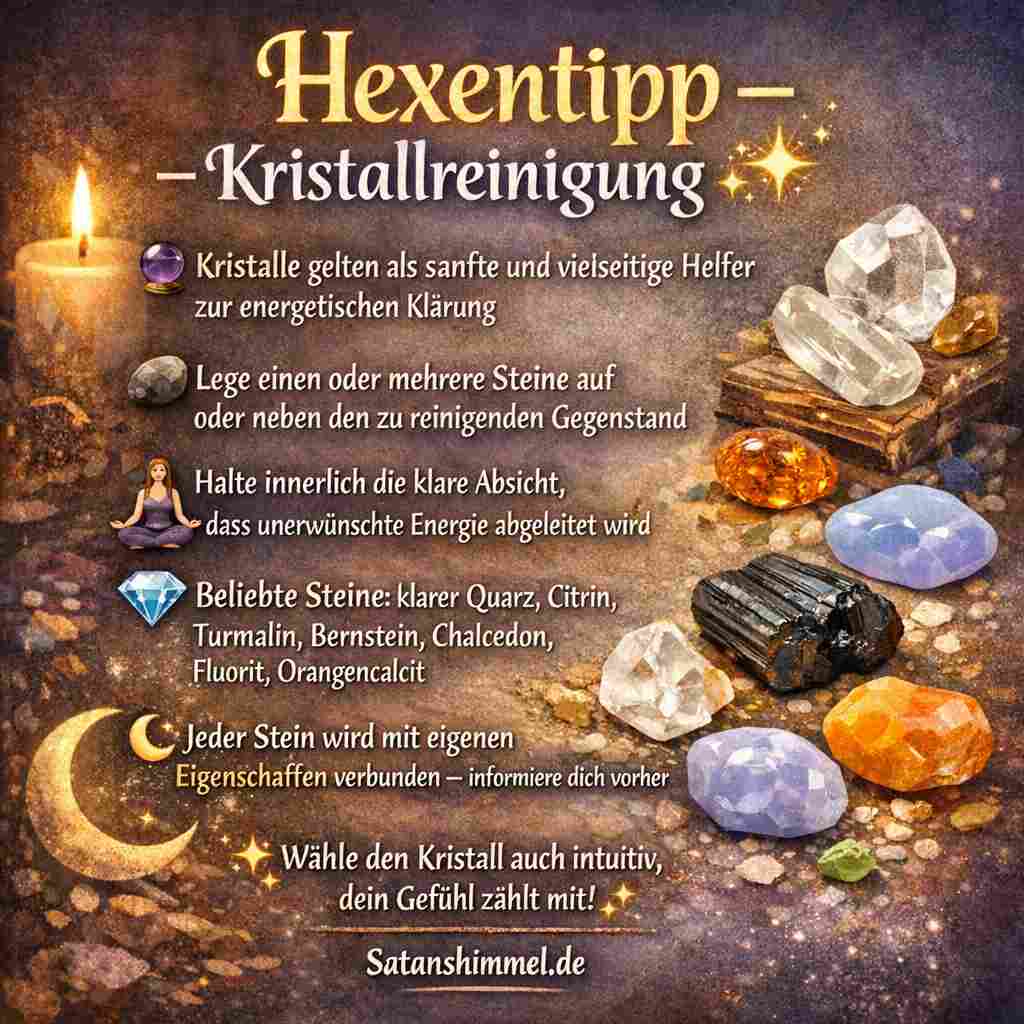 In der Hexerei gilt die Kristallreinigung als rituelle Praxis, bei der Steine durch Absicht, Elemente oder Energiearbeit symbolisch von fremden Einflüssen befreit und neu ausgerichtet werden.