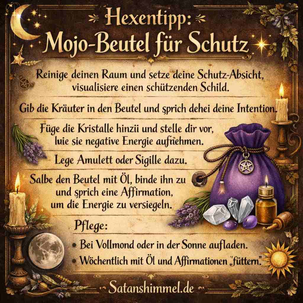 Hauche deinem Beutel dreimal deinen eigenen Atem ein, benetze ihn mit einem Tropfen Öl oder Whiskey und verknote ihn fest, um den innewohnenden Geist zu wecken und dauerhaft zu versiegeln.