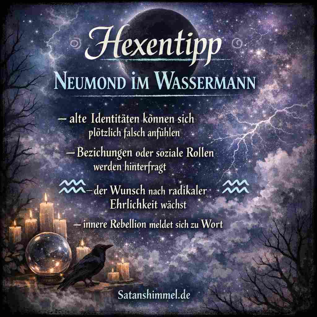 Der Neumond im Wassermann bringt plötzliche Erkenntnisse, weckt den Wunsch nach Freiheit und Ehrlichkeit und fordert dich auf, alte Rollen mutig hinter dir zu lassen.