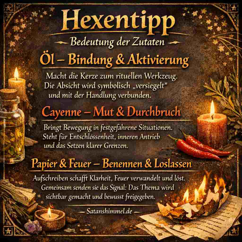 Dieses Ritual dient in der Hexerei dazu, eine klare Absicht bewusst zu benennen, energetisch zu aktivieren und symbolisch loszulassen, um innere oder äußere Veränderungen anzustoßen.