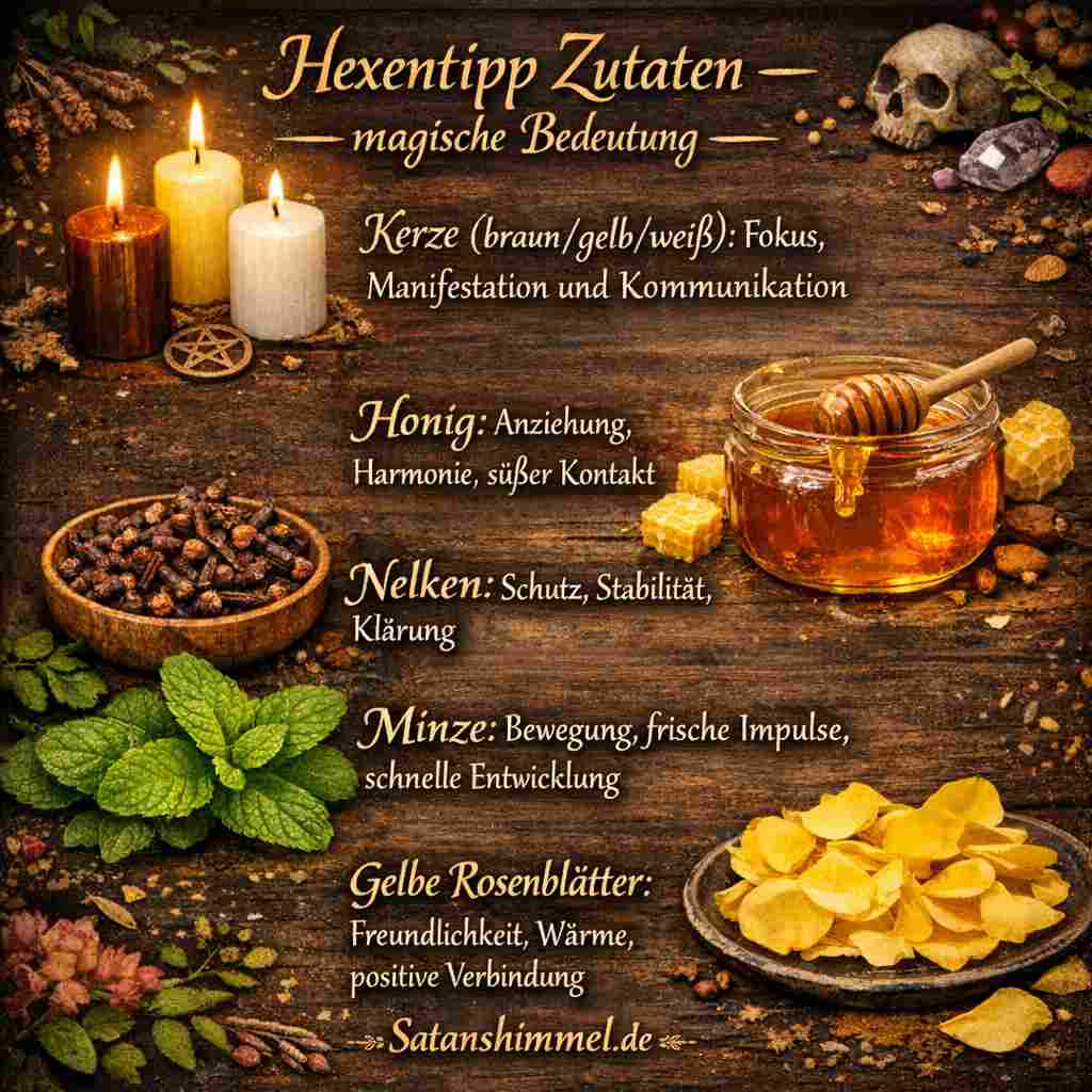 Die ausgewählten Zutaten stehen symbolisch für Anziehung, Schutz, Klarheit und positive Entwicklung und sollen Fokus, Harmonie sowie eine warme, unterstützende Verbindung fördern.