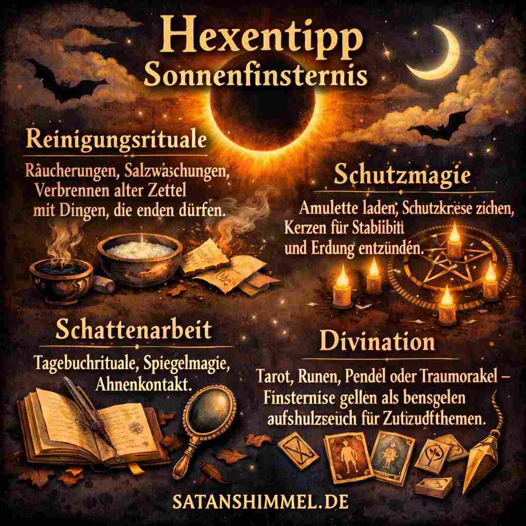 In der Hexerei nutzt man Sonnenfinsternisse vor allem für Schutz-, Reinigungs- und Schattenrituale, statt für anziehende oder aufbauende Magie.