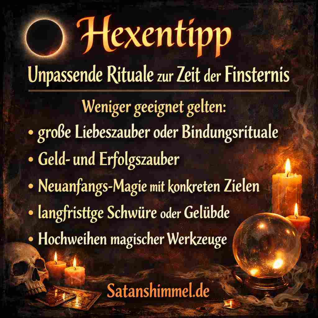 Unpassend während einer Sonnenfinsternis sind Rituale für Liebe, Geld, Neuanfänge oder langfristige Bindungen, da sie stabile Aufbauenergie erfordern, die in dieser Phase fehlt.