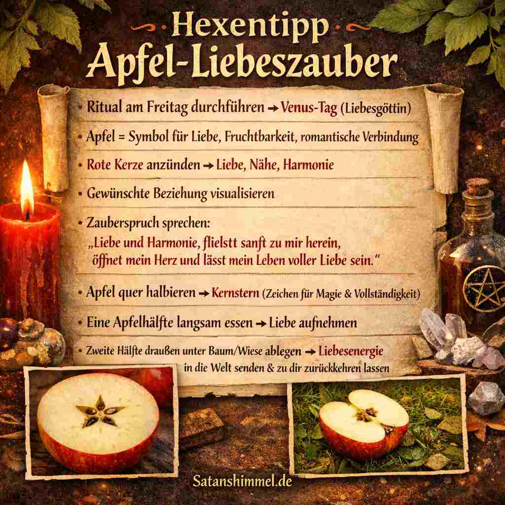In der Hexerei gilt der Apfel als Symbol für Liebe, Fruchtbarkeit und Anziehung und wird deshalb häufig in Liebeszaubern verwendet, um romantische Energie und neue Beziehungen anzuziehen.
