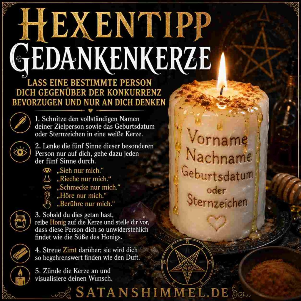 Dieses Ritual wird als Liebeszauber beschrieben, der darauf abzielt, die Aufmerksamkeit und Zuneigung einer bestimmten Person auf dich zu lenken.