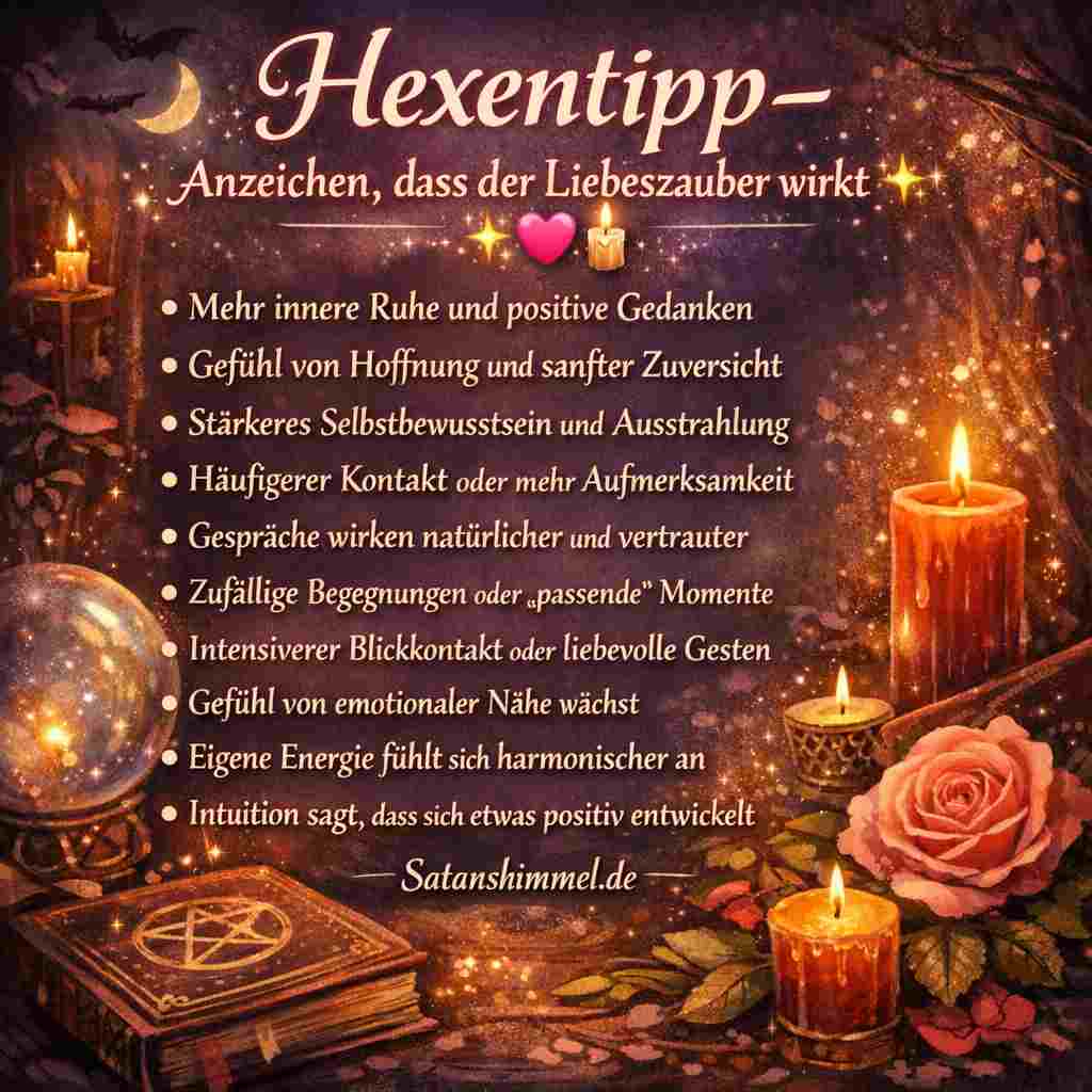 Typische Anzeichen dafür, dass ein Liebeszauber wirkt, sind mehr innere Ruhe, wachsende Hoffnung, intensivere Verbindung zwischen zwei Menschen und das Gefühl, dass sich die Situation harmonisch in eine positive Richtung entwickelt.