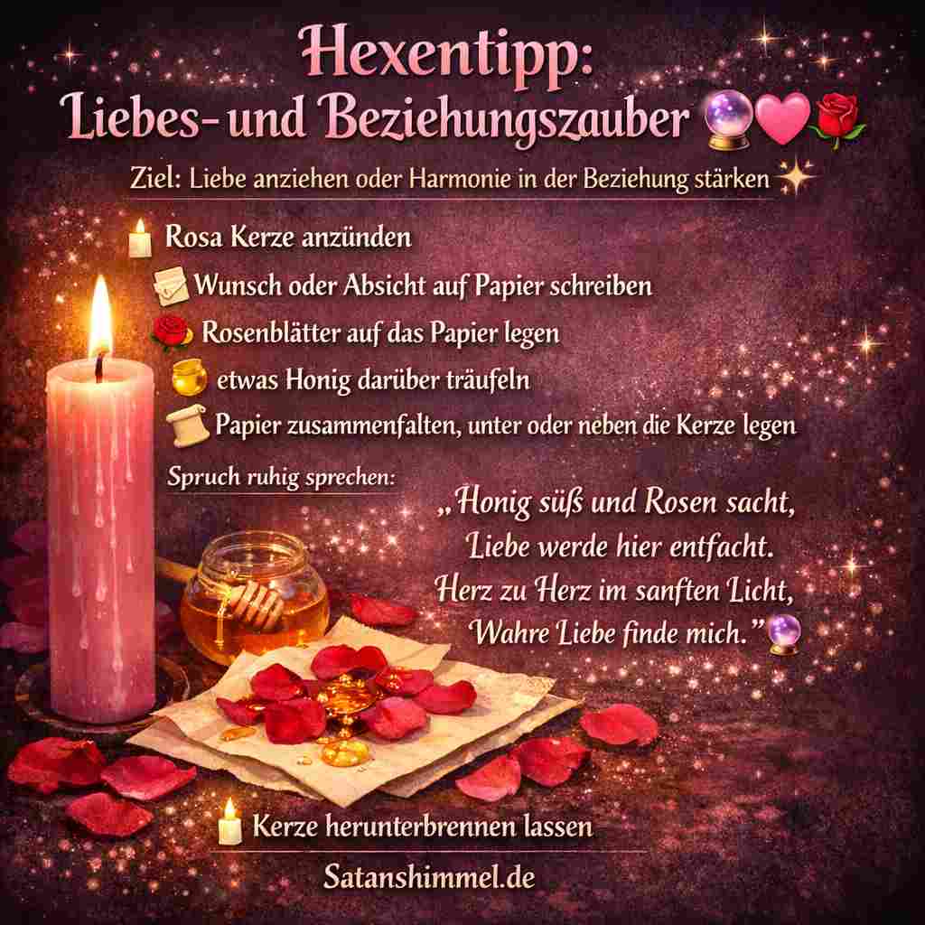 Ein Beziehungszauber in der Hexerei ist ein Ritual, das mithilfe von Symbolen, Intention und Energie darauf ausgerichtet ist, Liebe zu fördern, emotionale Bindungen zu stärken oder Harmonie zwischen zwei Menschen zu unterstützen.