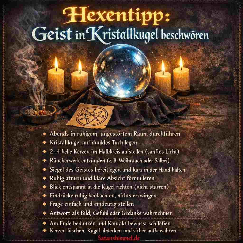 Man beschwört symbolisch einen Geist mit einer Kristallkugel, indem man in ruhiger Atmosphäre Kerzen und Räucherwerk verwendet, die Aufmerksamkeit auf die Kugel richtet und eine klare, ruhige Frage formuliert.