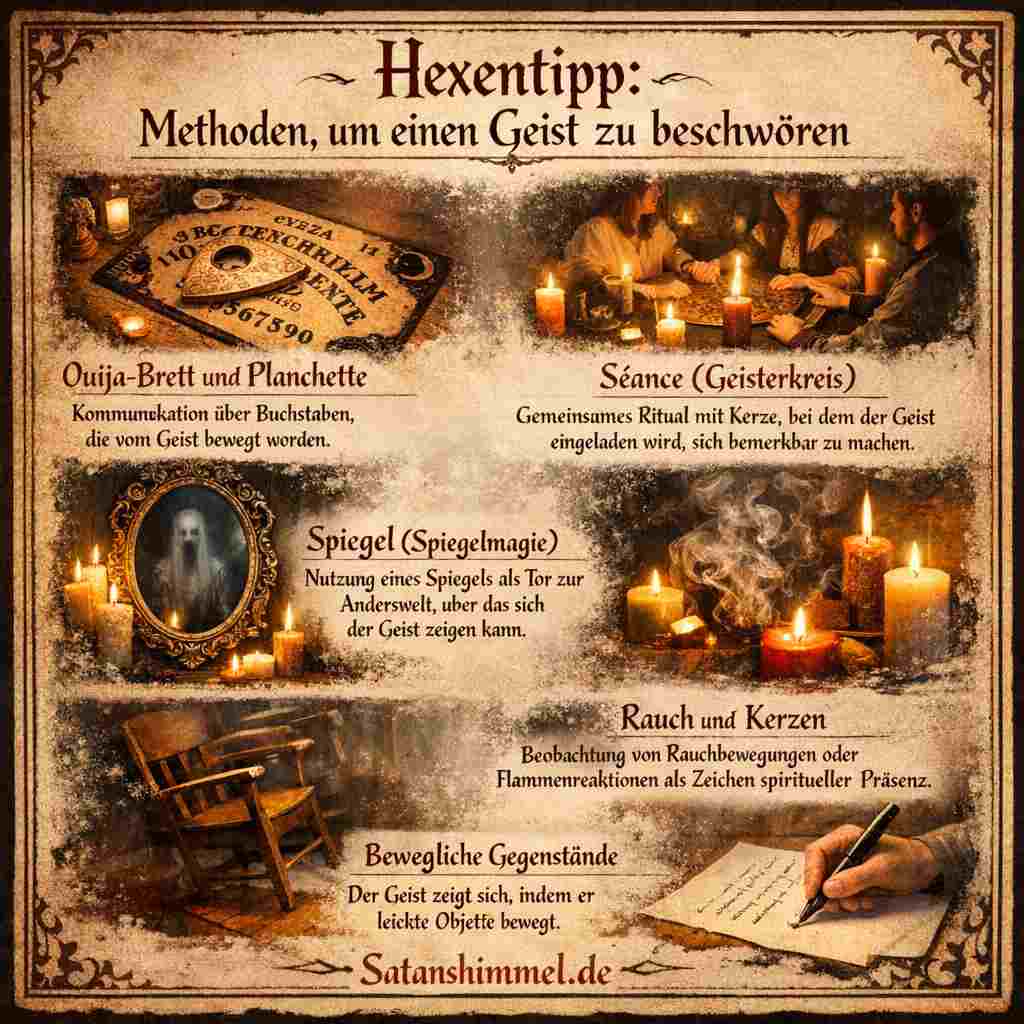 Möglichkeiten, einen Geist zu rufen, umfassen traditionelle Rituale wie Ouija-Brett, Séancen, Spiegelmagie, Kerzen- und Rauchbeobachtung sowie Meditation oder automatisches Schreiben, die symbolisch eine Verbindung zur spirituellen Welt herstellen sollen.