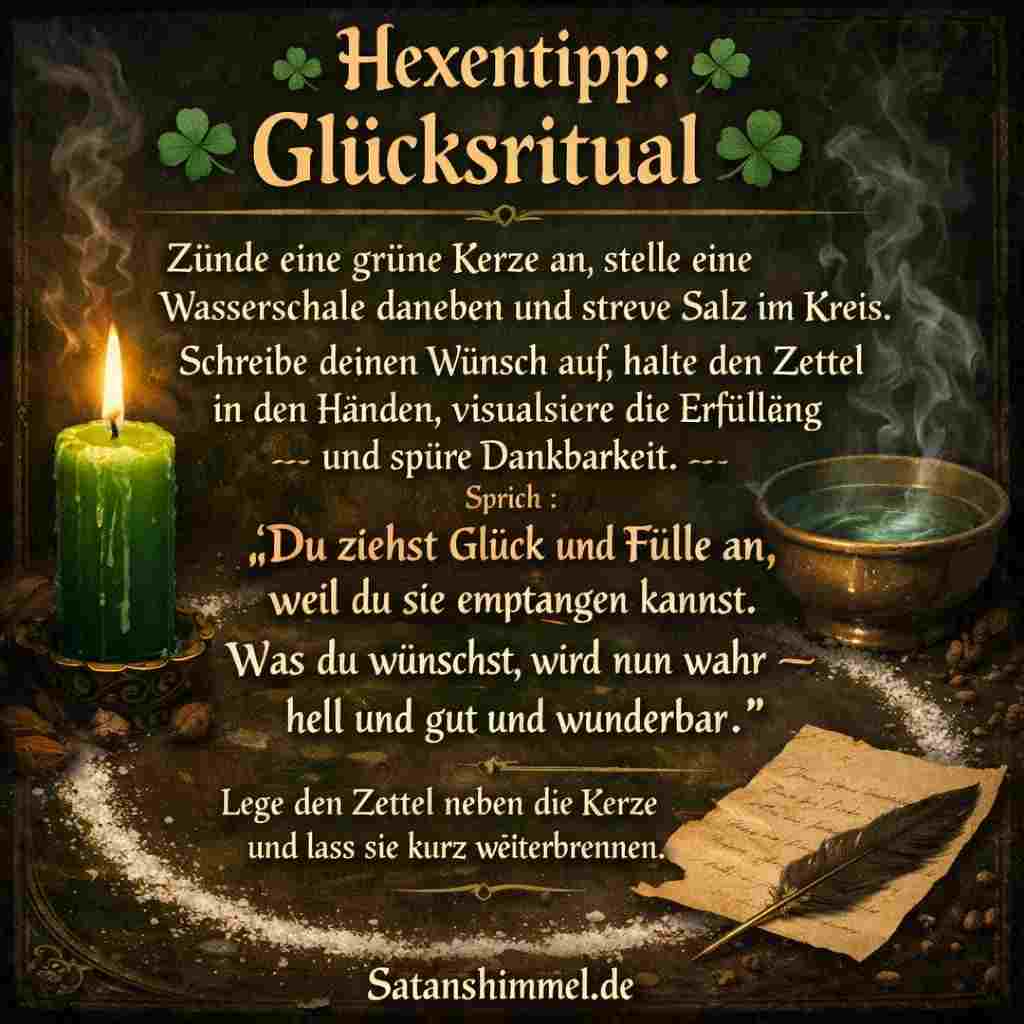 Dieses Ritual soll dir helfen, dich bewusst auf Glück, Fülle und positive Veränderungen zu konzentrieren und deinen Wunsch mit klarer Absicht in die Zukunft zu richten.