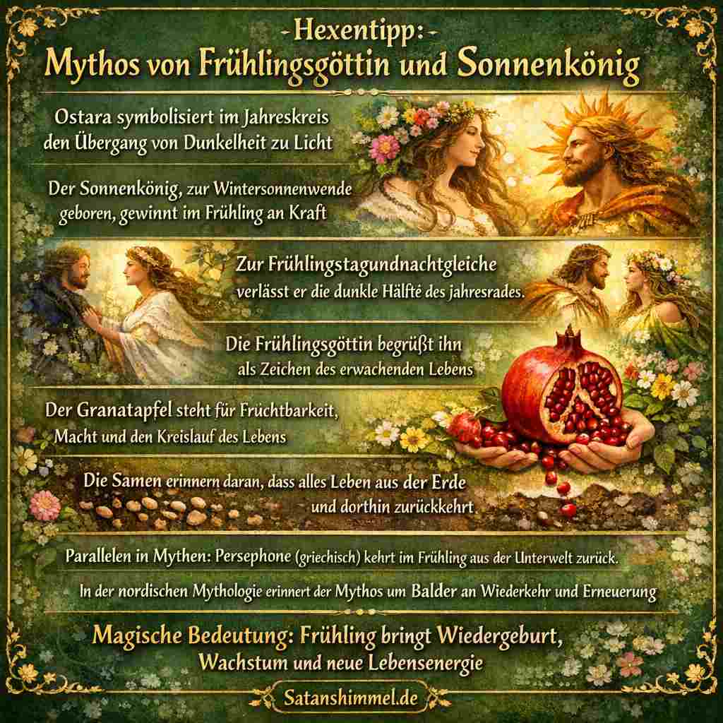 Die Frühlingsgöttin und der Sonnenkönig symbolisieren im Jahreskreis die Vereinigung von Erde und Sonne, durch die im Frühling neues Leben, Wachstum und Fruchtbarkeit entstehen.