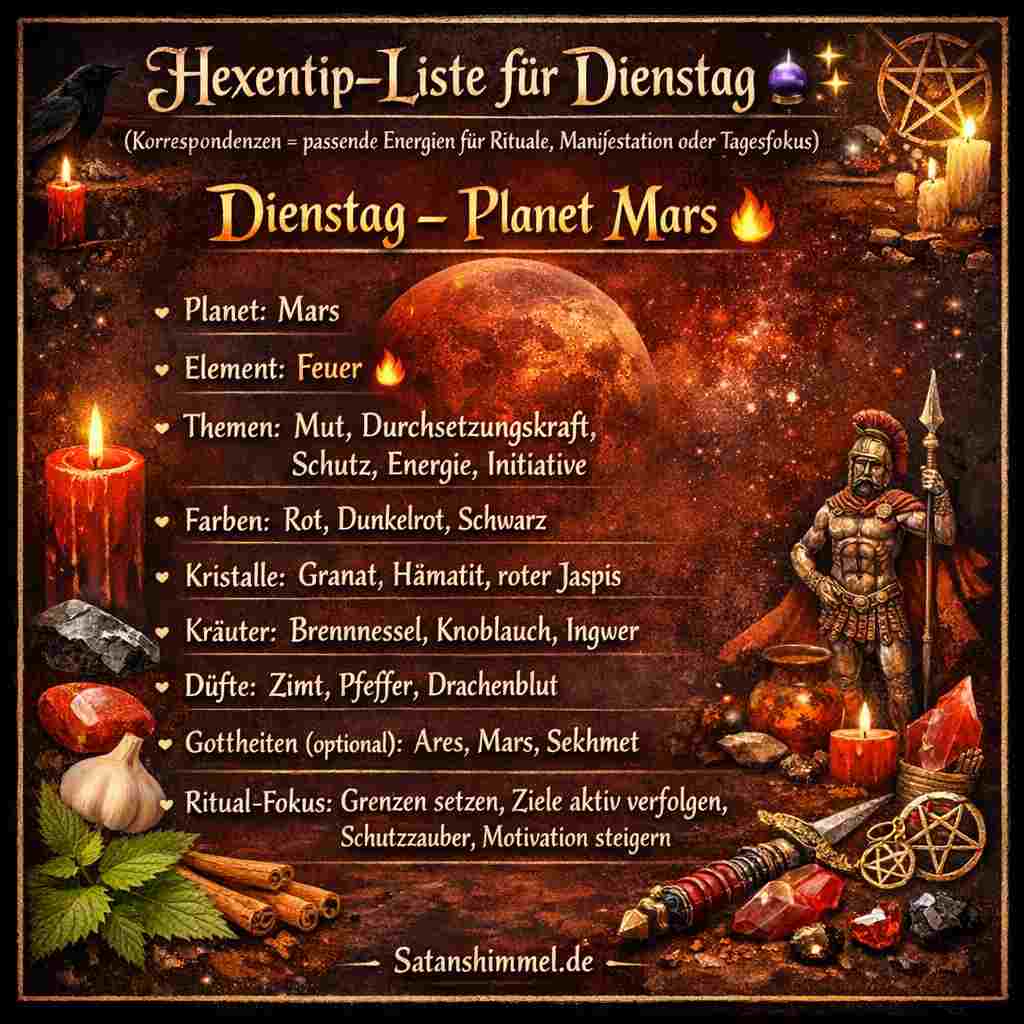 Korrespondenzen am Dienstag (Mars) helfen dir, gezielt Energien für Mut, Schutz, Durchsetzungskraft und aktive Umsetzung deiner Ziele zu bündeln