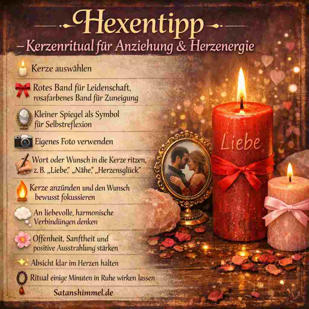 Kerzen stehen im Liebeszauber symbolisch für die innere Absicht und das Feuer der Anziehung, das Gefühle stärkt und die gewünschte Verbindung energetisch unterstützt.
