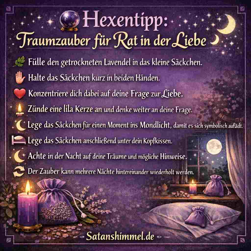 In der Hexerei werden Traumzauber genutzt, um über Träume Botschaften des Unterbewusstseins zu erhalten, Gefühle zu klären oder Hinweise auf Liebe und Beziehungen zu erkennen.