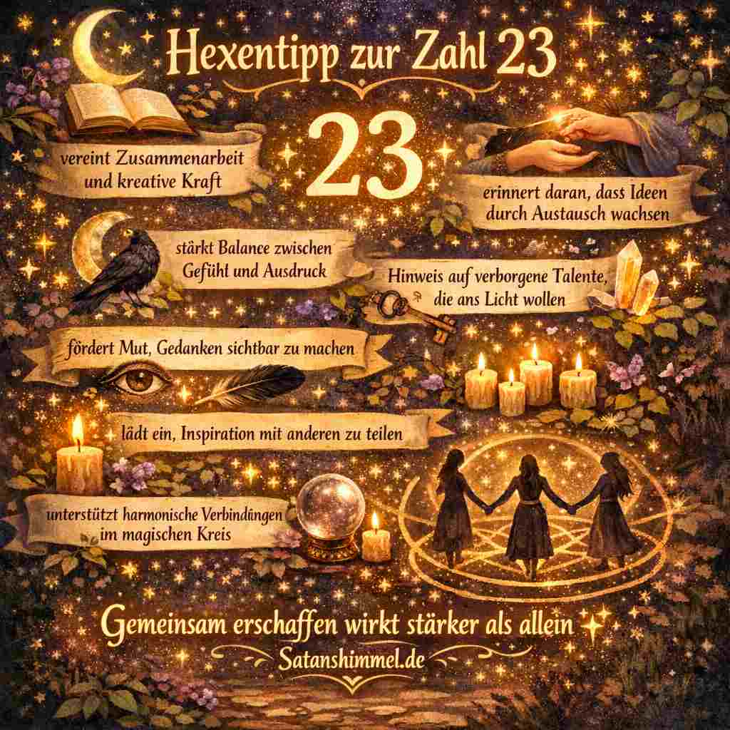 Die Zahl 23 erinnert dich daran, dass deine stärksten magischen Impulse entstehen, wenn du Kreativität, Vertrauen und Verbindung mit anderen bewusst miteinander verbindest.
