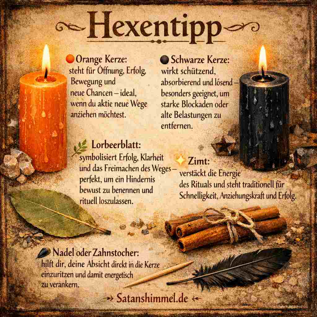 Die Kombination aus orangefarbener Kerze für neue Chancen, schwarzer Kerze zum Lösen von Blockaden, Lorbeer für Erfolg, Zimt zur Verstärkung und eingeritzter Absicht unterstützt ein fokussiertes Ritual zur Öffnung deines Weges.