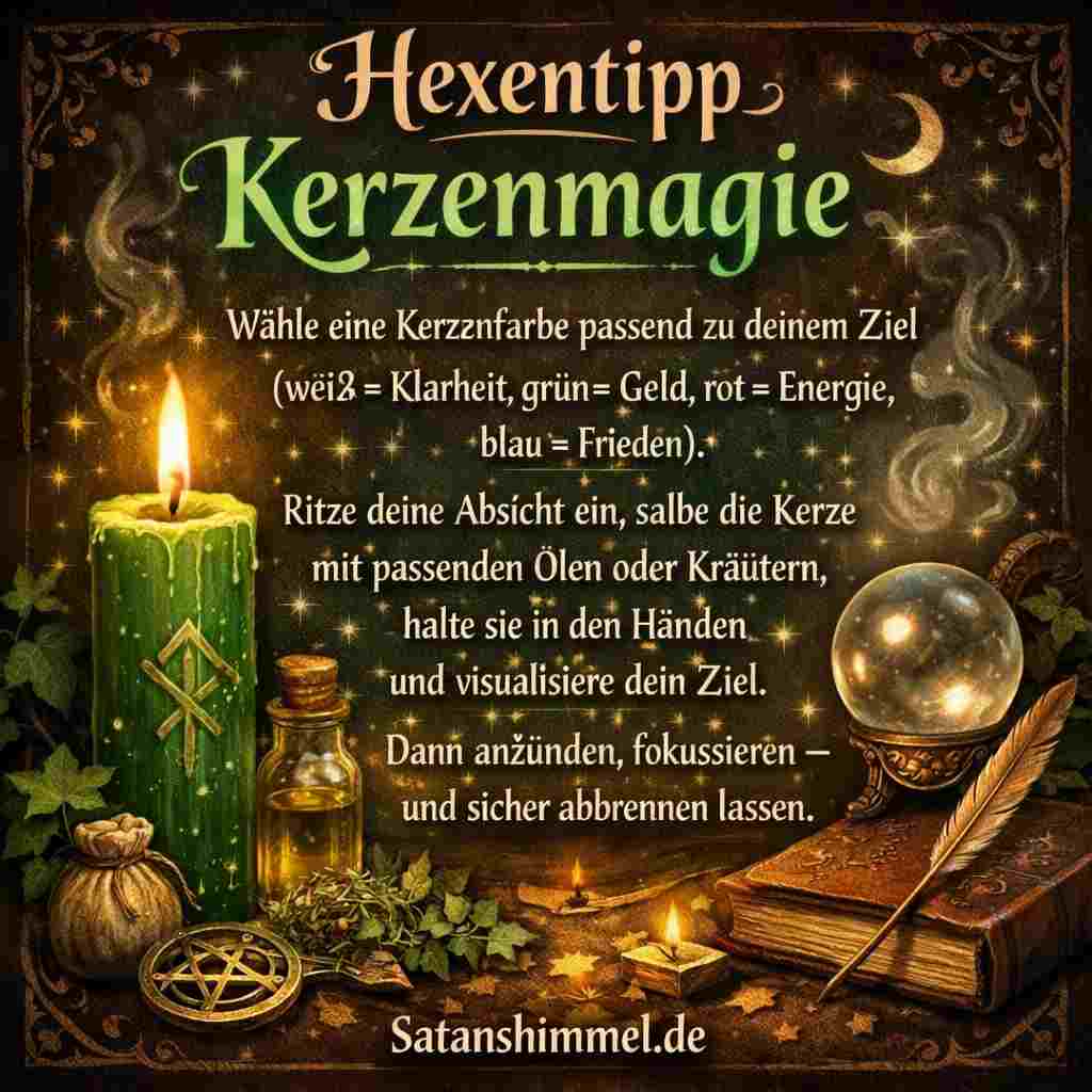 Zaubersprüche und Kerzenmagie werden in der Hexerei genutzt, um durch Worte, Konzentration und das Licht der Flamme Wünsche zu verstärken und bestimmte Energien in eine gewünschte Richtung zu lenken.