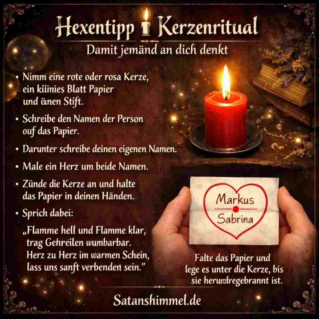 Dieses Kerzenritual soll symbolisch dabei helfen, eine gedankliche Verbindung zu einer Person zu stärken und den Wunsch fördern, dass sie an dich denkt oder sich bei dir meldet.