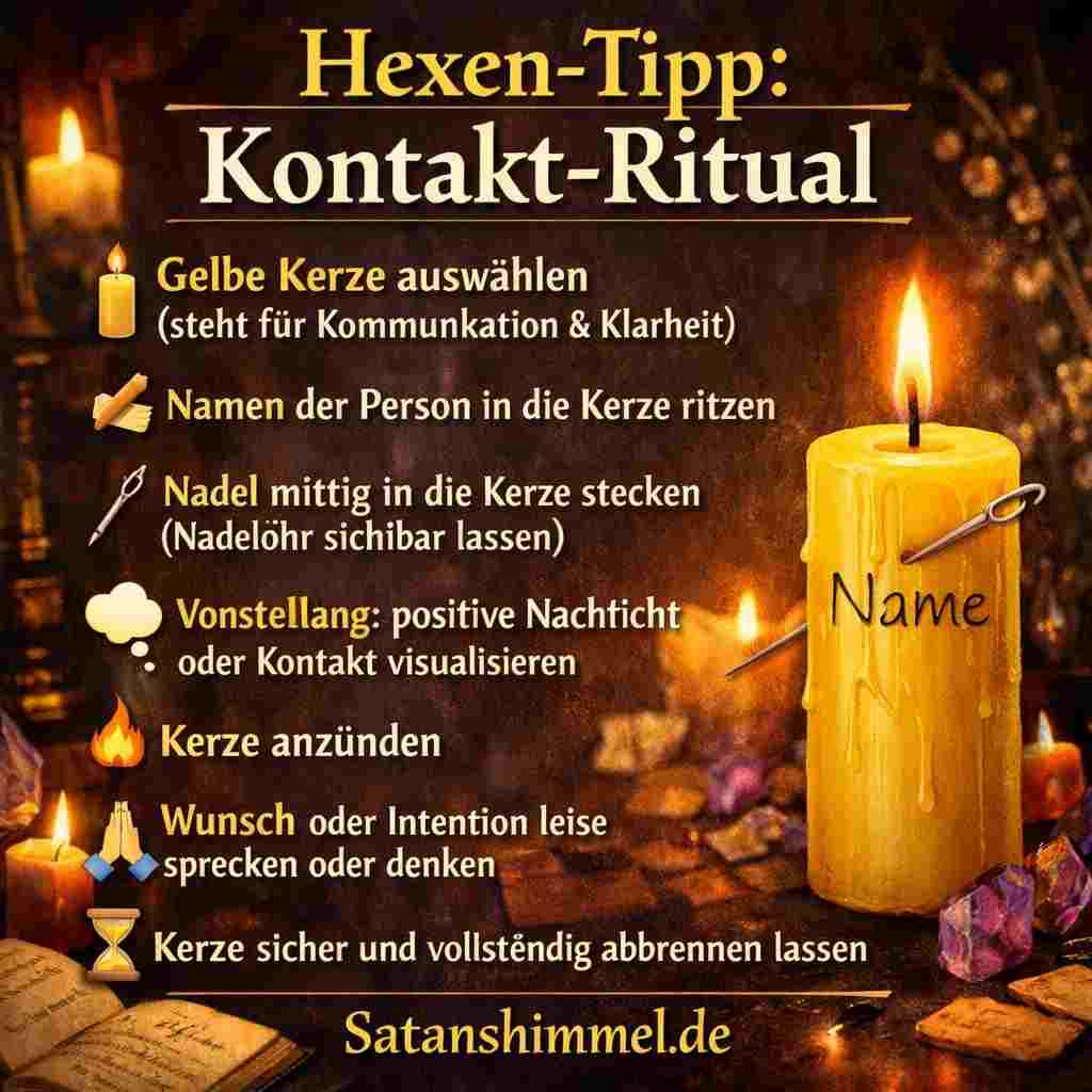 Kontaktrituale sind in der Hexerei kleine symbolische Handlungen oder Zauber, mit denen du die Kommunikation zu einer bestimmten Person fördern oder einen gewünschten Kontakt energetisch anstoßen möchtest.