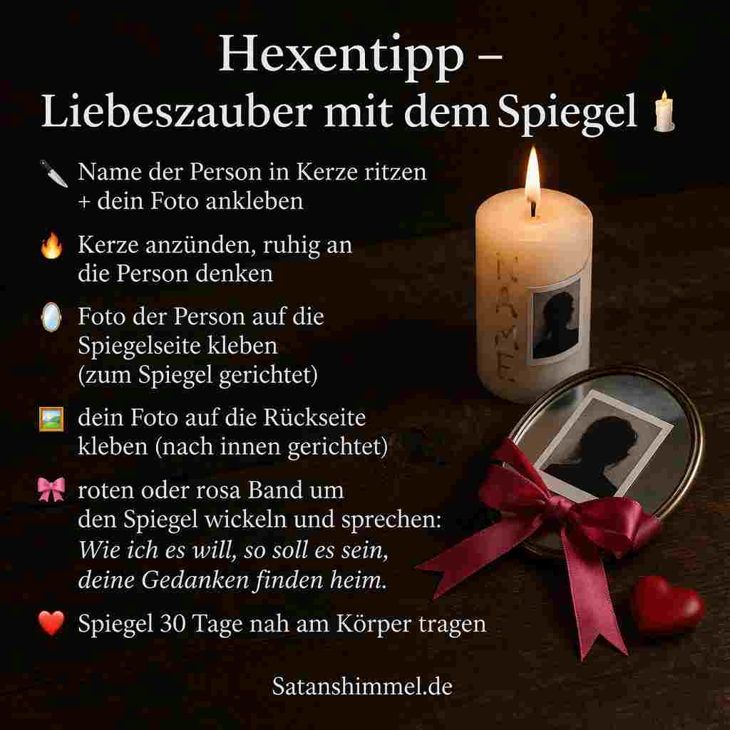 Nutze Kerze, Spiegel, Fotos und Band, um deine Absicht bewusst zu fokussieren und über 30 Tage eine gedankliche Verbindung zu der gewünschten Person zu stärken.