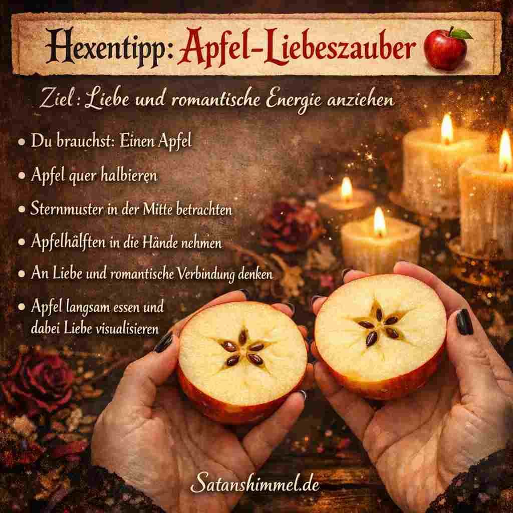 In der Hexerei gilt der Apfel als Symbol für Liebe, Fruchtbarkeit und Anziehung und wird deshalb häufig in Liebeszaubern verwendet, um romantische Energie und neue Beziehungen anzuziehen.