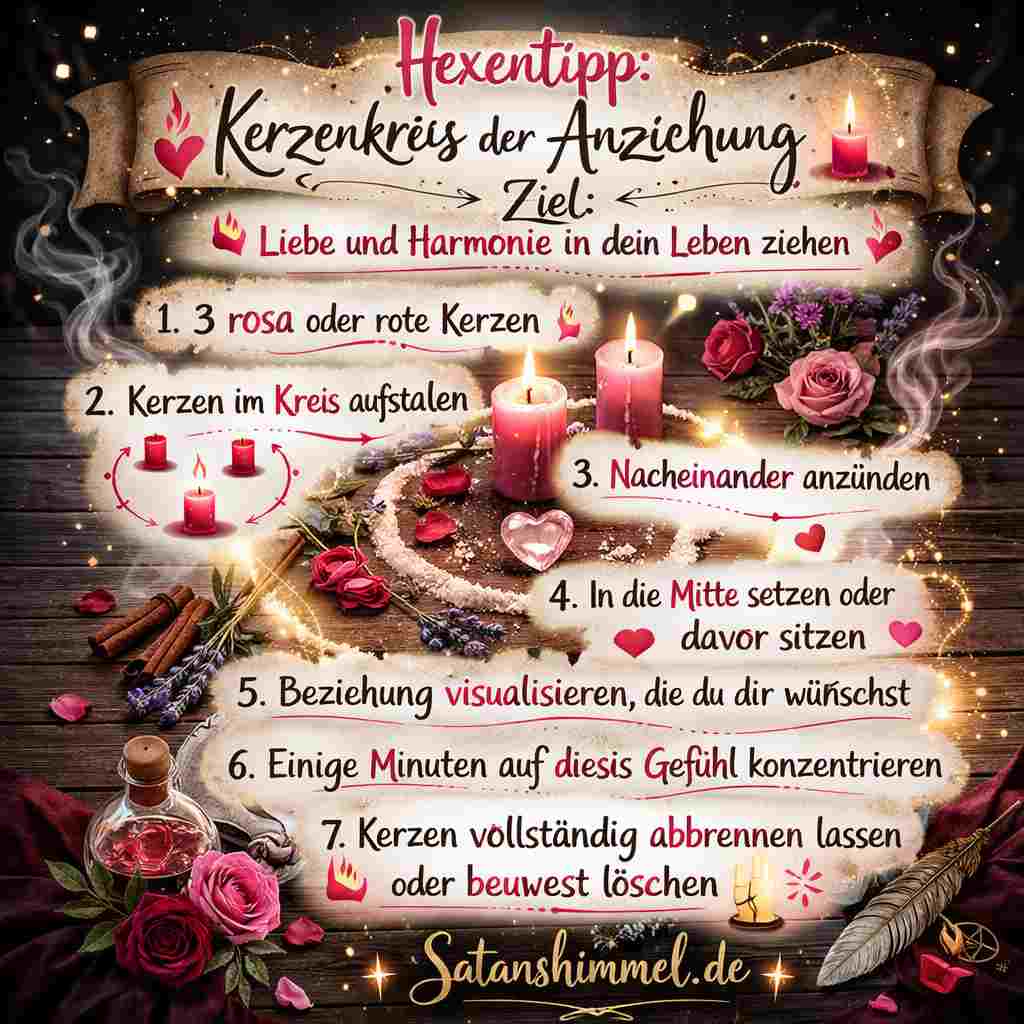 Bei Liebeszaubern werden Kerzen genutzt, um die eigene Absicht zu fokussieren und durch das brennende Licht Liebe, Leidenschaft oder harmonische Beziehungen energetisch zu verstärken.