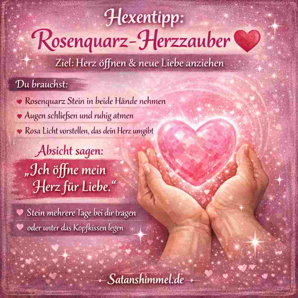Ein Liebeszauber mit Rosenquarz nutzt die sanfte Energie des Steins, um das Herz zu öffnen und Liebe, Mitgefühl sowie harmonische Beziehungen in dein Leben anzuziehen.
