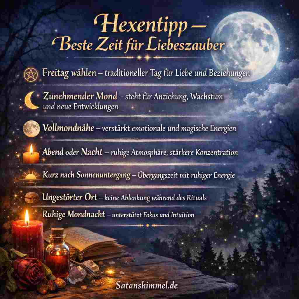 Die beste Zeit für einen Liebeszauber ist ein Freitagabend bei zunehmendem Mond, idealerweise nahe am Vollmond, da diese Phase traditionell für Anziehung, Gefühle und wachsende Energie steht.