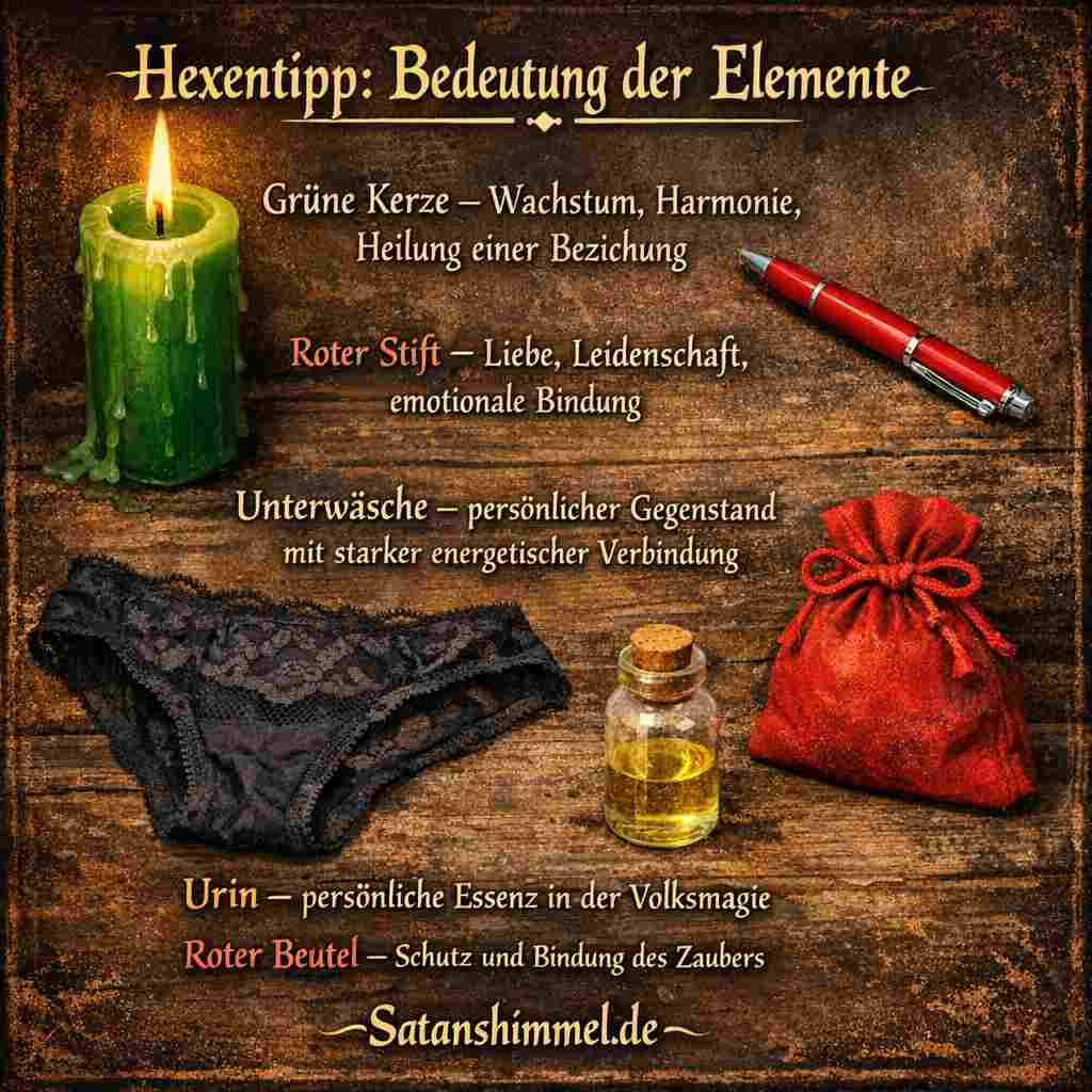 In der Volksmagie werden bei Liebeszaubern persönliche und symbolische Gegenstände wie eine grüne Kerze (für Wachstum und Heilung), ein roter Stift (für Liebe und Leidenschaft), getragene Unterwäsche (für eine energetische Verbindung), Urin (als persönliche Essenz) und ein roter Beutel (zum Binden und Schützen des Zaubers) verwendet, um eine emotionale Bindung zu verstärken.