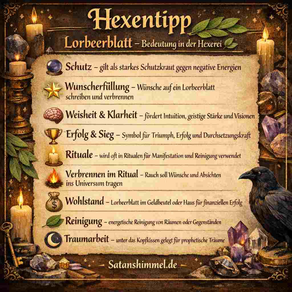 In der Hexerei gilt das Lorbeerblatt als Symbol für Schutz, Erfolg, Glück und das Anziehen von Wohlstand.