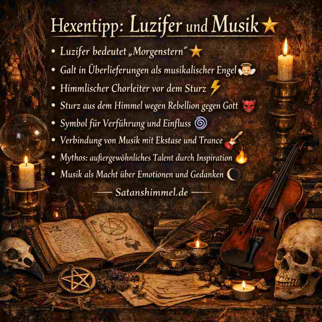 Viele berühmte Musiker sollen laut Legenden einen Teufelspakt geschlossen haben, um außergewöhnliches Talent und Ruhm zu erlangen. Die Verbindung zwischen Luzifer und Musik entspringt der Überlieferung, dass der gefallene Engel einst ein himmlischer Musiker war. Musik gilt daher als besonders mächtiges Mittel der Verführung und Inspiration.