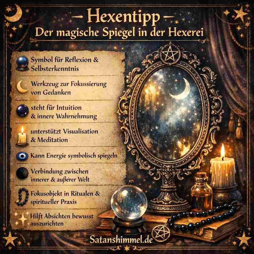 Der magische Spiegel in der Hexerei gilt als Werkzeug zur Selbsterkenntnis, Intuition und Fokussierung von Gedanken, indem er symbolisch die Verbindung zwischen innerer und äußerer Welt widerspiegelt.