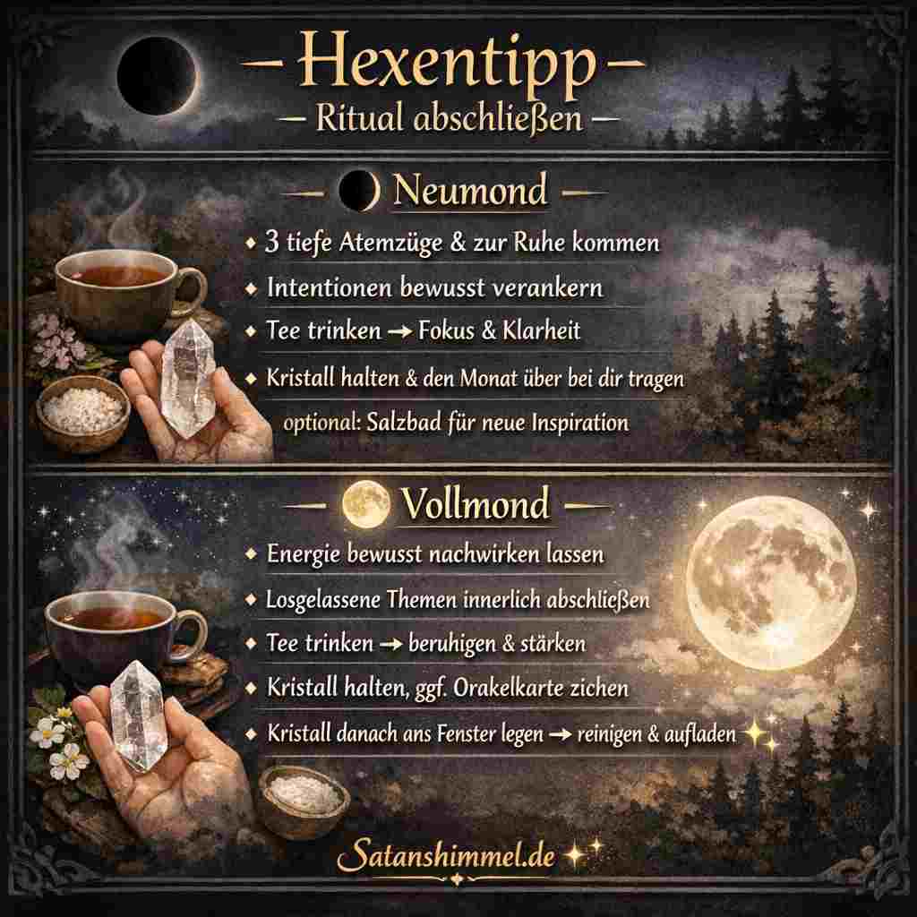 Beim Abschluss eines Mondrituals in der Hexerei verankerst du deine Intentionen, lässt Energien nachwirken und reinigst bzw. lädst deine Werkzeuge neu auf.