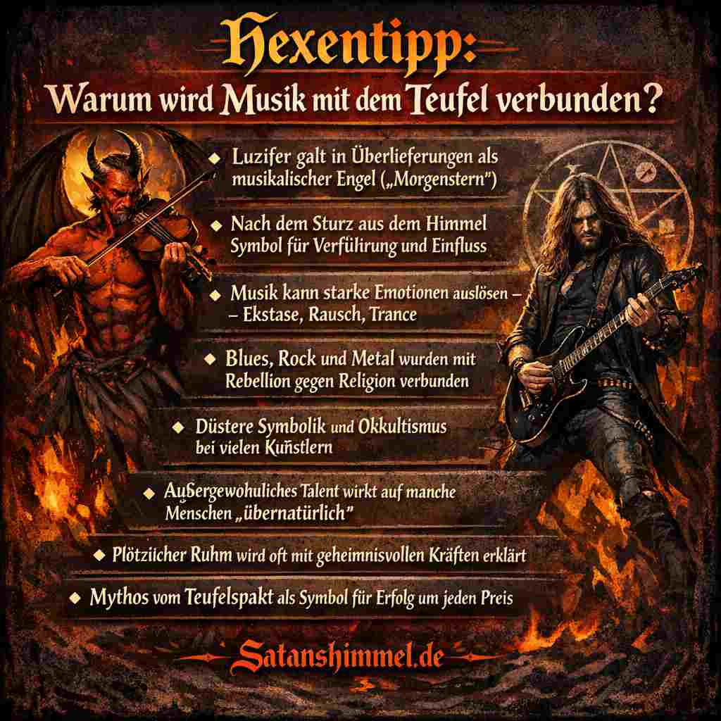 Musik wurde historisch oft mit dem Teufel verbunden, weil ihre starke emotionale Wirkung, rebellische Kulturströmungen (z. B. Blues, Rock, Metal) und Mythen wie der „Teufelspakt“ als Symbol für Verführung, Einfluss und außergewöhnlichen Erfolg interpretiert wurden.