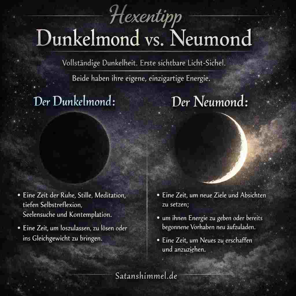 Der Dunkelmond steht für Rückzug und Loslassen, während der Neumond den Neubeginn und das Setzen neuer Absichten symbolisiert.